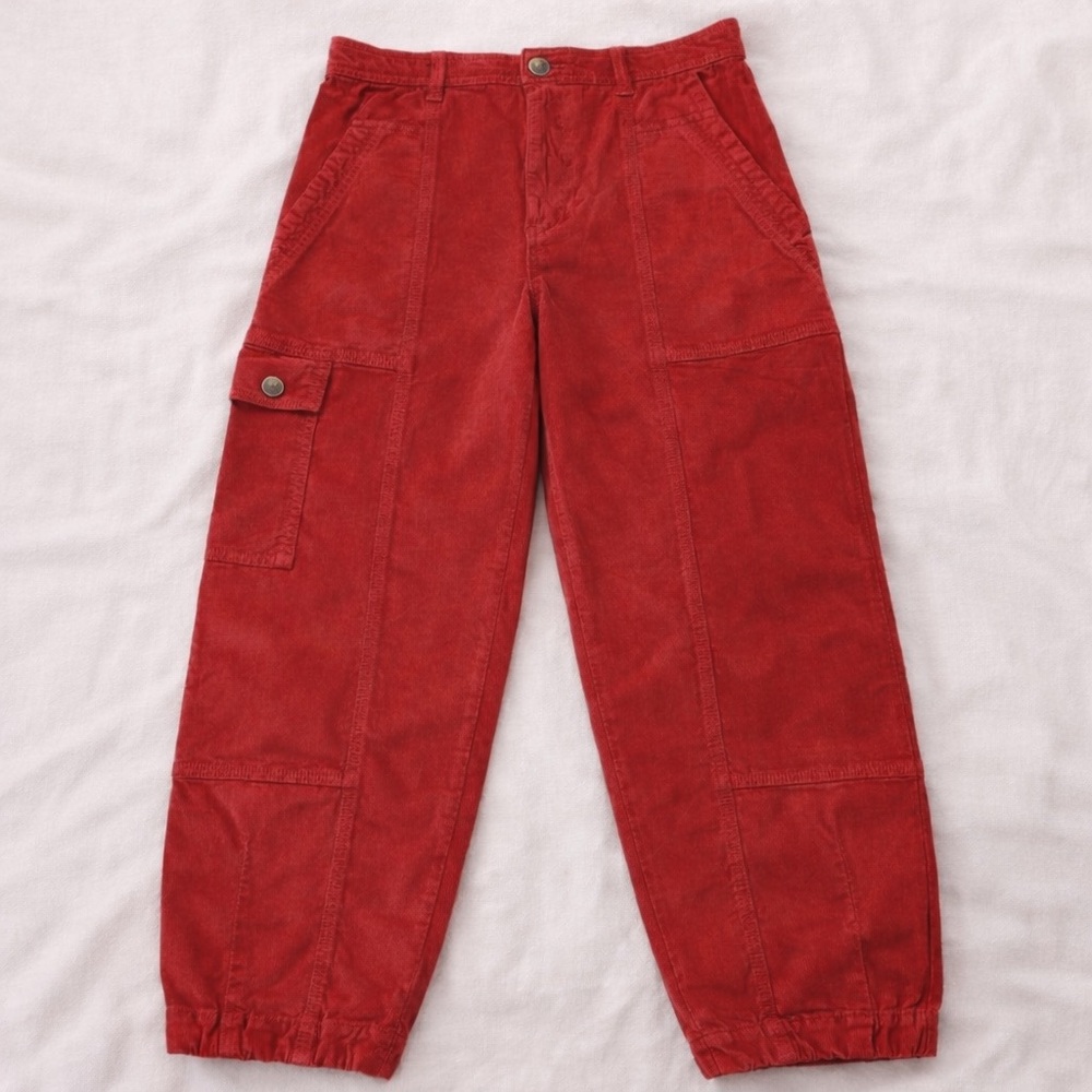 By Anthropologie Utility Barrel Leg Pants Size 6  Red Cargo Pocket - Picture 3 of 15